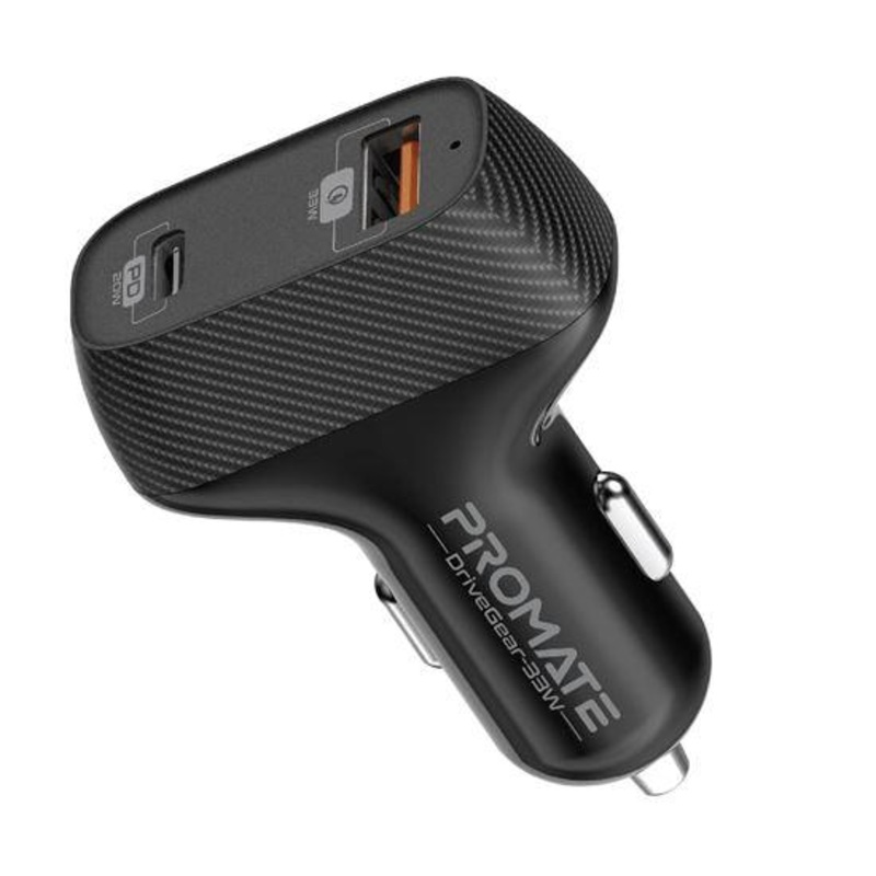 PROMATE 33W Car Charger With 20W USB-C & 30W USB-A Ports.