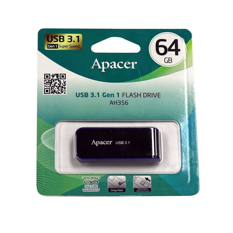Apacer 64GB USB 3.1 Gen 1 Super Speed Flash Drive. Strap hole, Retractable USB Connector. Black Colour.