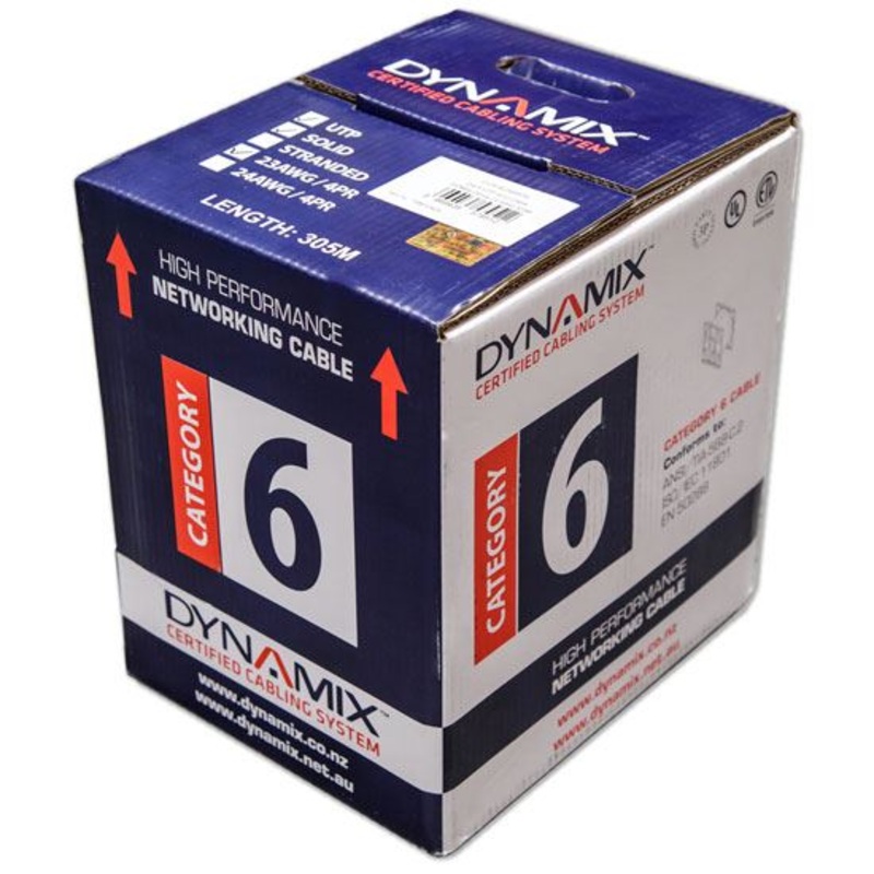 DYNAMIX 305m Cat6 White UTP SOLID Cable Roll, 250MHz, 23AWGx4P, PVC CM UL Rated Jacket. Supplied on Plastic Reel in Box.