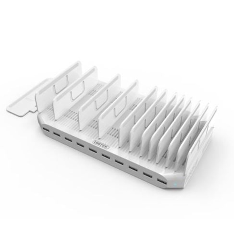 UNITEK 10 Port USB Smart Charging Station. 10 Port 2.4A USB-A. Max Power: 96W. Over-charge, over voltage, over heating and short circuit protection. Includes adjustable separators.